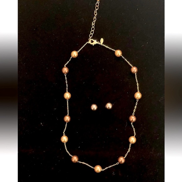 FAUX BROWN PEARL CHAIN NECKLACE Earrings Silver TONE Jewelry - Picture 1 of 5